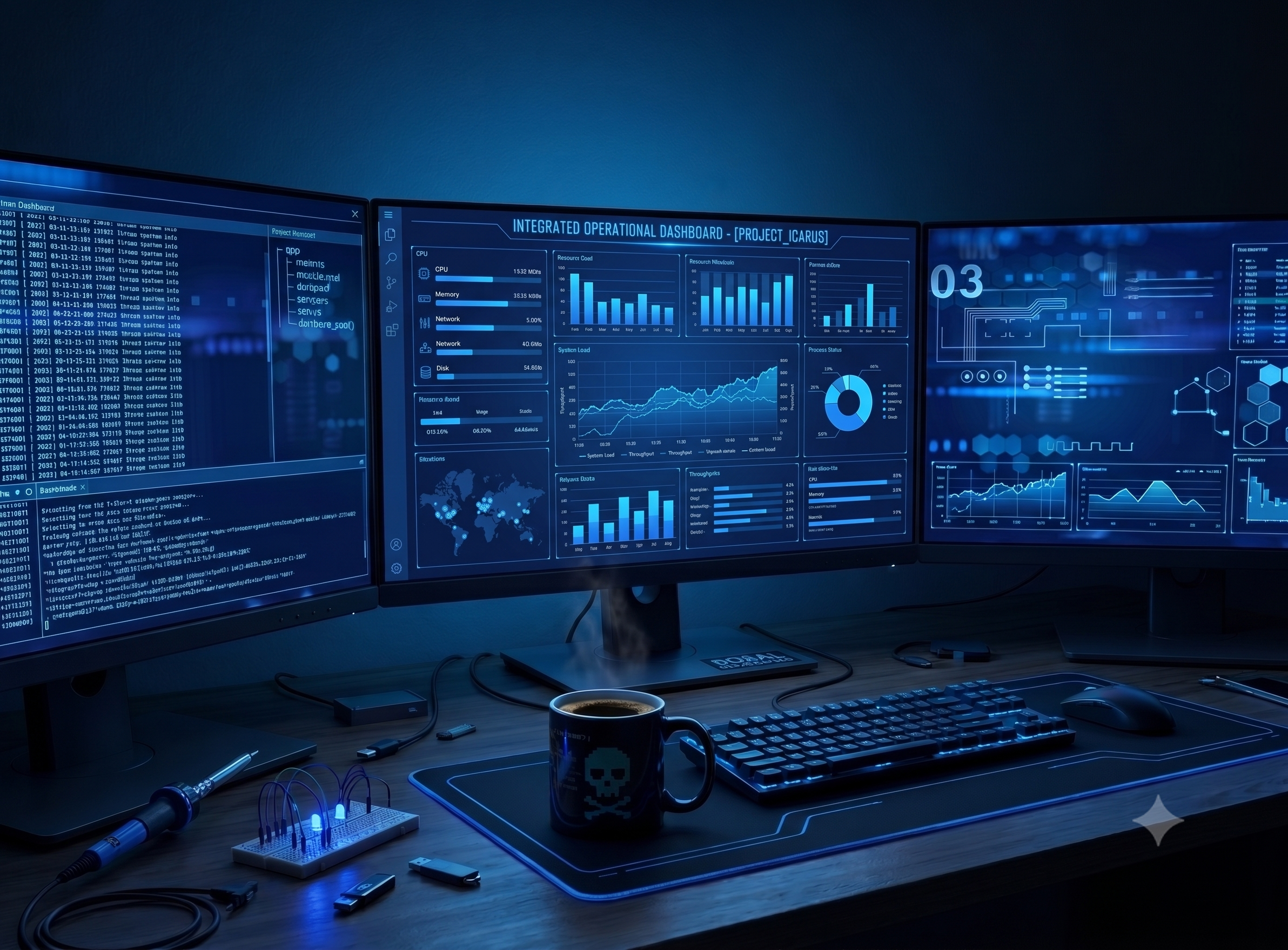 Cinematic workspace showing high-performance dashboard